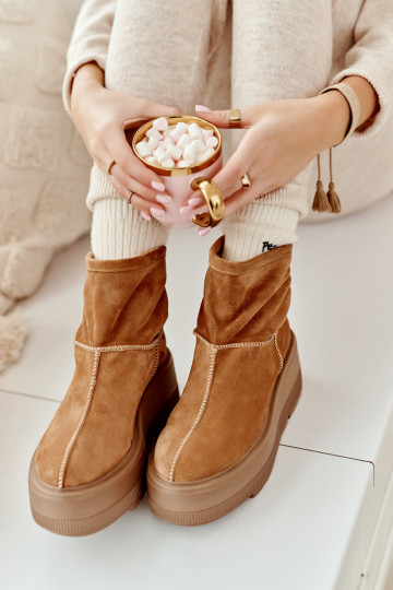 Kožené Dámske Čižmy s trendovou masívnou podrážkou Hnedá farba Zazoo 3424