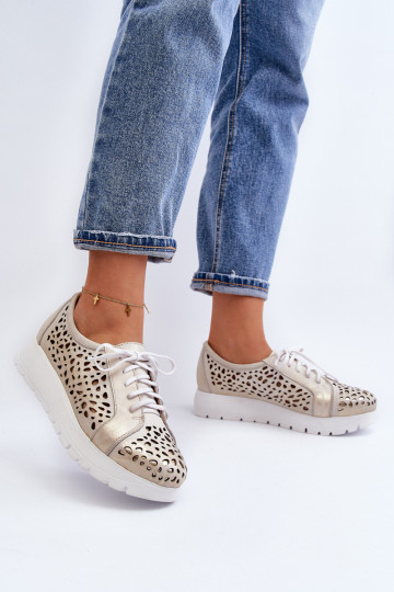 Zazoo 2821 Kožené topánky Dámske s prvkami prelamovania zlatej farby