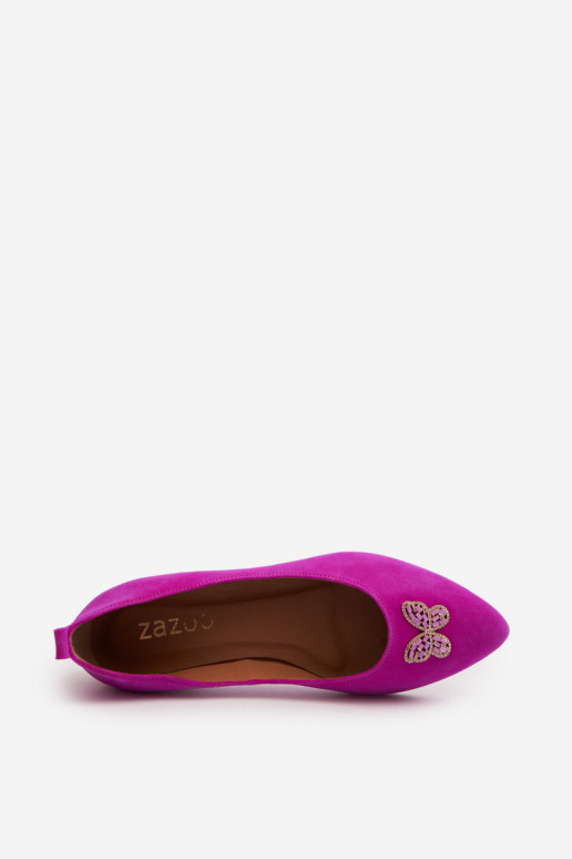 Zazoo 2887 Semišové balerínky S Ornatem Motýlem Ružová