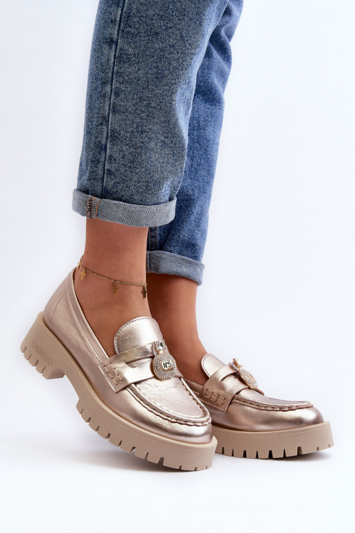 Kožené topánky Mokasíny s ozdobami CheBello 4291 zlatej farby Kožené topánky Mokasíny s ozdobami CheBello 4291 zlatej farby