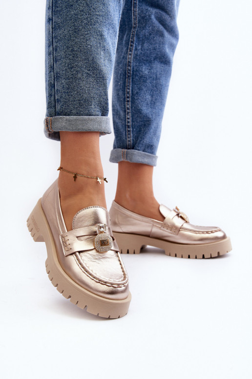 Kožené topánky Mokasíny s ozdobami CheBello 4291 zlatej farby Kožené topánky Mokasíny s ozdobami CheBello 4291 zlatej farby