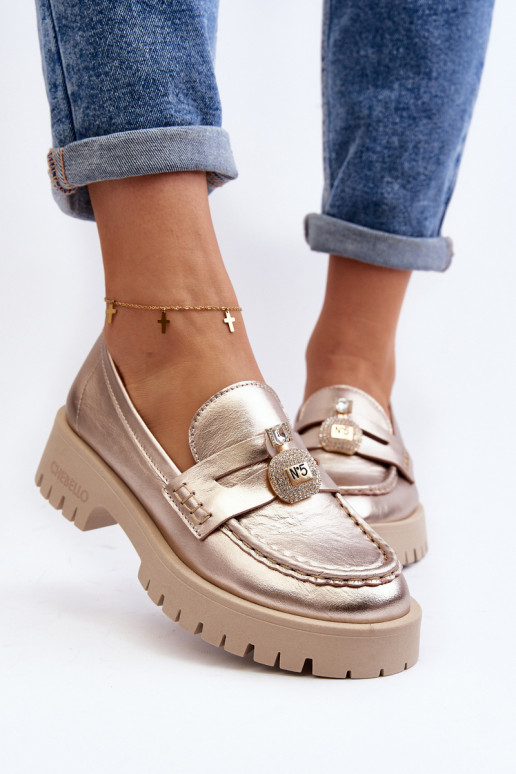 Kožené topánky Mokasíny s ozdobami CheBello 4291 zlatej farby Kožené topánky Mokasíny s ozdobami CheBello 4291 zlatej farby