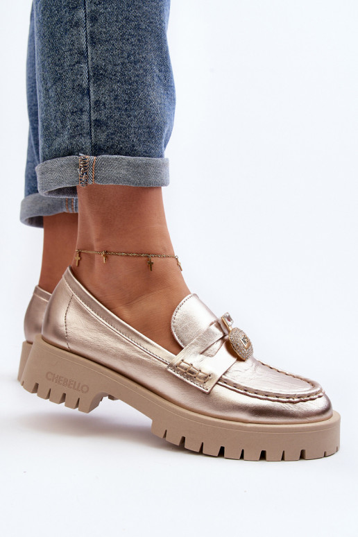 Kožené topánky Mokasíny s ozdobami CheBello 4291 zlatej farby Kožené topánky Mokasíny s ozdobami CheBello 4291 zlatej farby