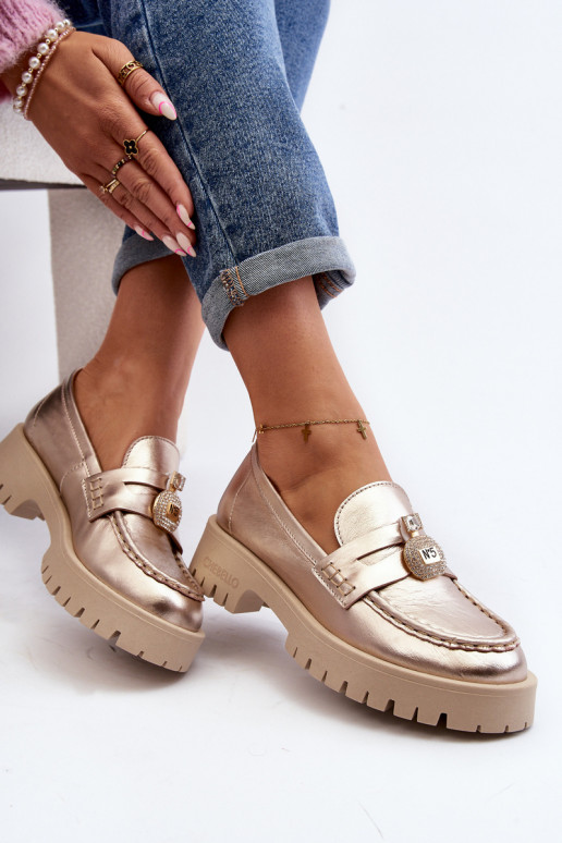 Kožené topánky Mokasíny s ozdobami CheBello 4291 zlatej farby Kožené topánky Mokasíny s ozdobami CheBello 4291 zlatej farby