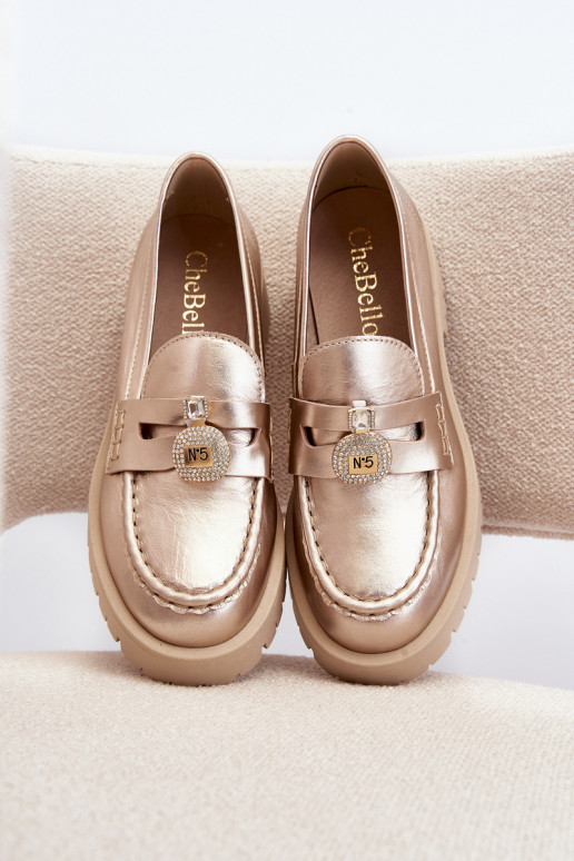 Kožené topánky Mokasíny s ozdobami CheBello 4291 zlatej farby Kožené topánky Mokasíny s ozdobami CheBello 4291 zlatej farby