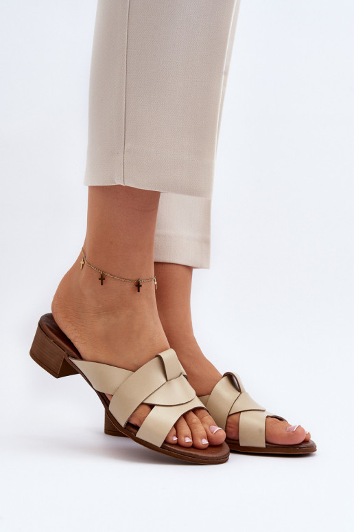 Zazoo 40236 Kožené papuče Dámske Zapnuté nízkom opätku béžová