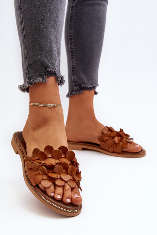 Zazoo 40381 Dámske Kožené papuče so širokými podpätkami Hnedá farba Zazoo 40381 Dámske Kožené papuče so širokými podpätkami Hnedá farba