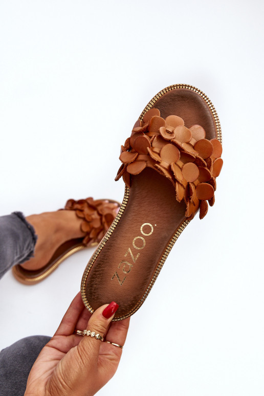 Zazoo 40381 Dámske Kožené papuče so širokými podpätkami Hnedá farba Zazoo 40381 Dámske Kožené papuče so širokými podpätkami Hnedá farba