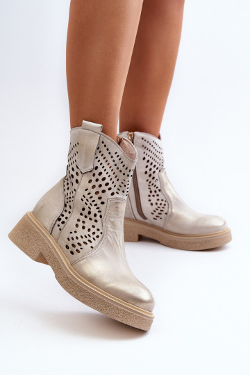 Zazoo 3470 Kožené Dámske čižmy so širokými podpätkami s prvkami prelamovania zlatej farby Vymazané 2