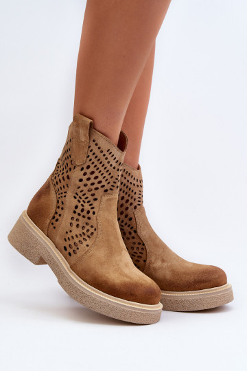Zazoo 3470 Semišové topánky Dámske so širokými podpätkami s prvkami prelamovania béžová 2