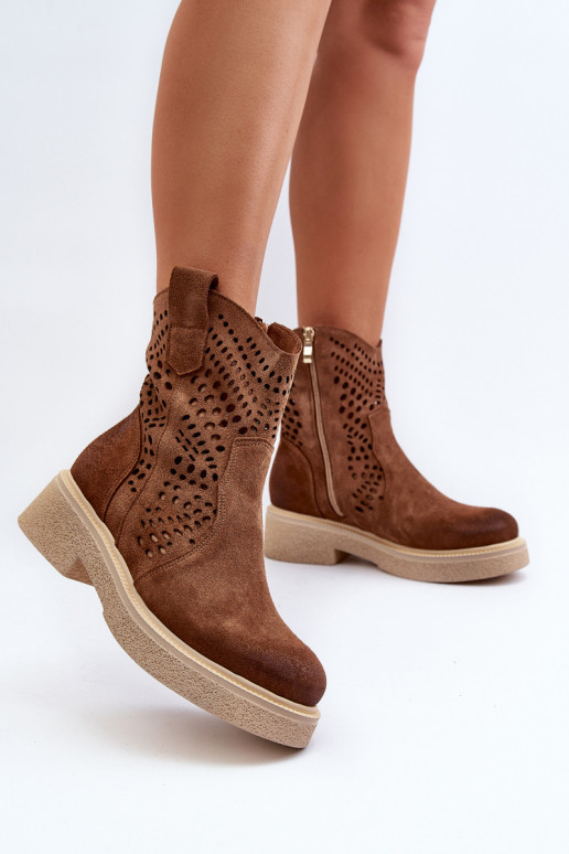 Zazoo 3470 Semišové topánky Dámske so širokými podpätkami s prvkami prelamovania Hnedá farba