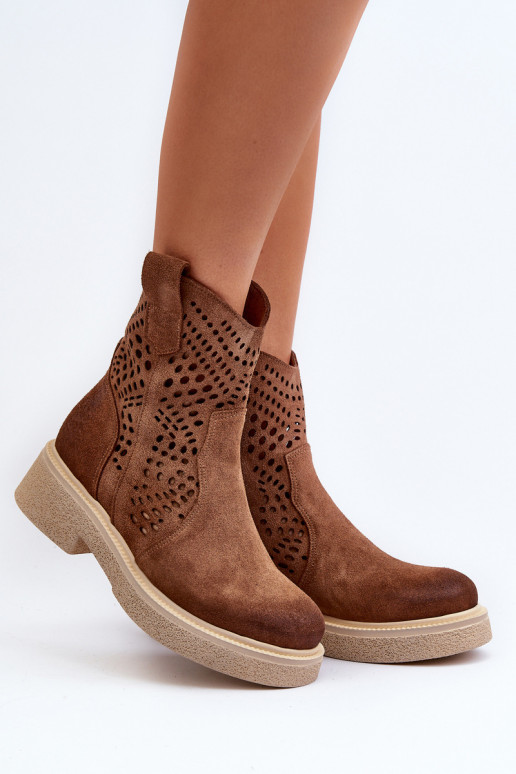 Zazoo 3470 Semišové topánky Dámske so širokými podpätkami s prvkami prelamovania Hnedá farba