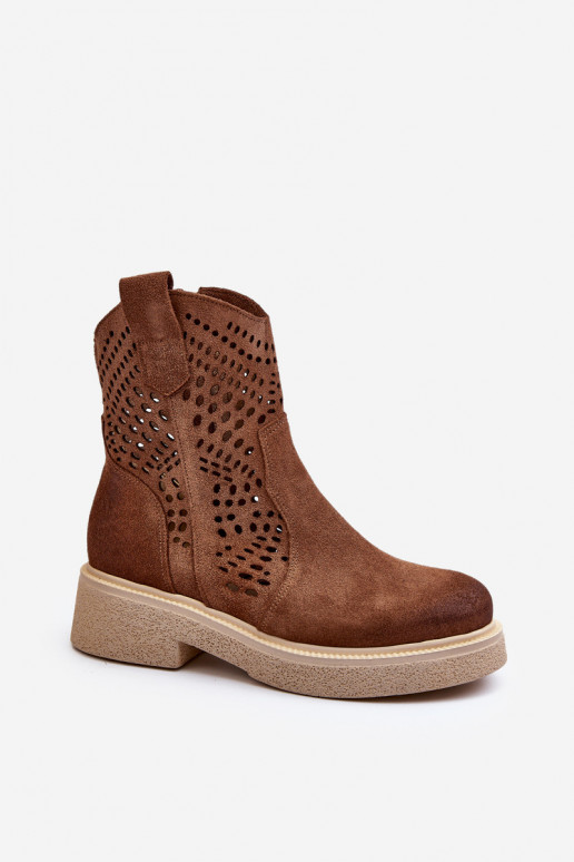 Zazoo 3470 Semišové topánky Dámske so širokými podpätkami s prvkami prelamovania Hnedá farba