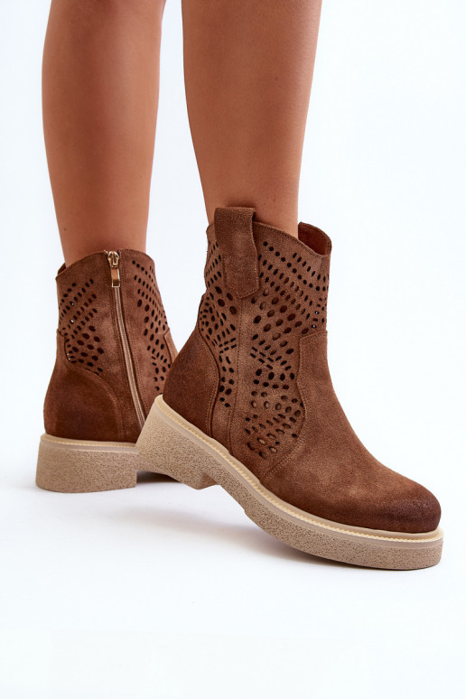 Zazoo 3470 Semišové topánky Dámske so širokými podpätkami s prvkami prelamovania Hnedá farba