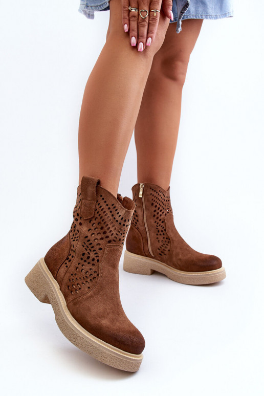 Zazoo 3470 Semišové topánky Dámske so širokými podpätkami s prvkami prelamovania Hnedá farba