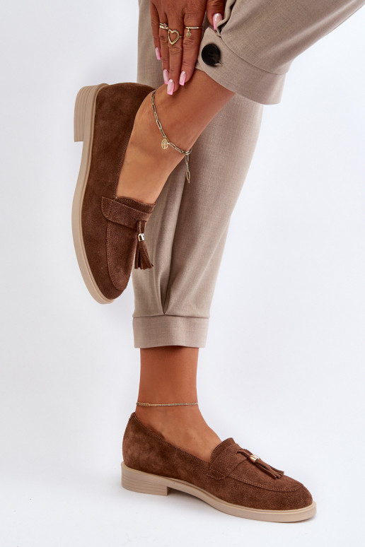 Zazoo 3420 Semišové mokasíny Dámske so širokými podpätkami Hnedá farba Zazoo 3420 Semišové mokasíny Dámske so širokými podpätkami Hnedá farba