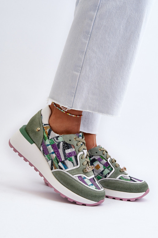 Kožené Tenisky model obuvi Dámske s platformou Máciejka 06390-09 SeledynoIne Kožené Tenisky model obuvi Dámske s platformou Máciejka 06390-09 SeledynoIne