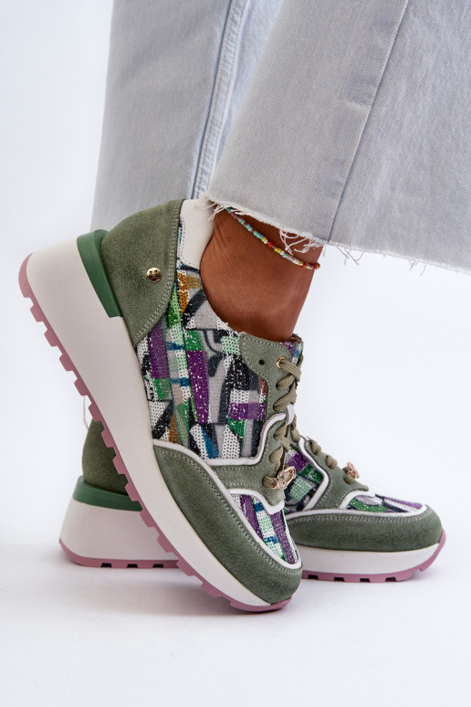 Kožené Tenisky model obuvi Dámske s platformou Máciejka 06390-09 SeledynoIne Kožené Tenisky model obuvi Dámske s platformou Máciejka 06390-09 SeledynoIne