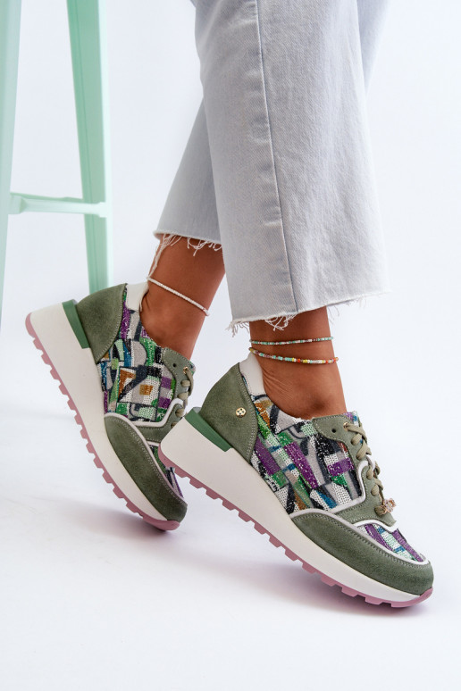 Kožené Tenisky model obuvi Dámske s platformou Máciejka 06390-09 SeledynoIne Kožené Tenisky model obuvi Dámske s platformou Máciejka 06390-09 SeledynoIne