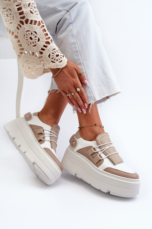 Zazoo 1833 Tenisky model obuvi Dámske Kožené s trendovou masívnou podrážkou béžová-biela farba Zazoo 1833 Tenisky model obuvi Dámske Kožené s trendovou masívnou podrážkou béžová-biela farba