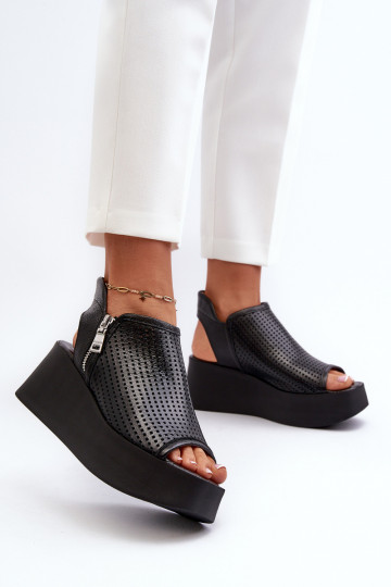 Zazoo 1792 Kožené Prelamované sandále na platforme čierna