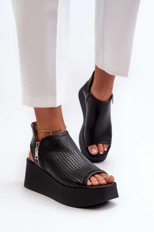 Zazoo 1792 Kožené Prelamované sandále na platforme čierna