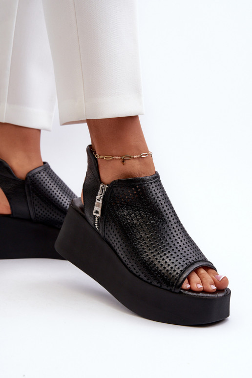 Zazoo 1792 Kožené Prelamované sandále na platforme čierna