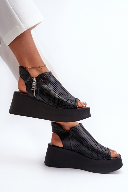 Zazoo 1792 Kožené Prelamované sandále na platforme čierna