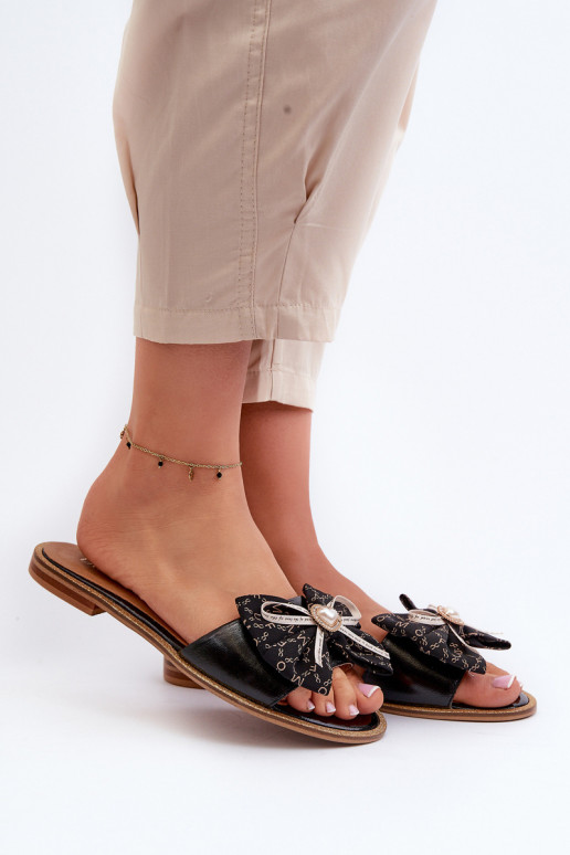 rovná sa Kožené papuče Dámske so stuhami Laura Messi 2791 čierna rovná sa Kožené papuče Dámske so stuhami Laura Messi 2791 čierna