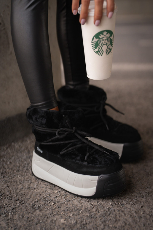 Kožené Snehule Dámske Zapnuté hrubej podrážke s kožušinou Big Star OO274A206 čierna Kožené Snehule Dámske Zapnuté hrubej podrážke s kožušinou Big Star OO274A206 čierna