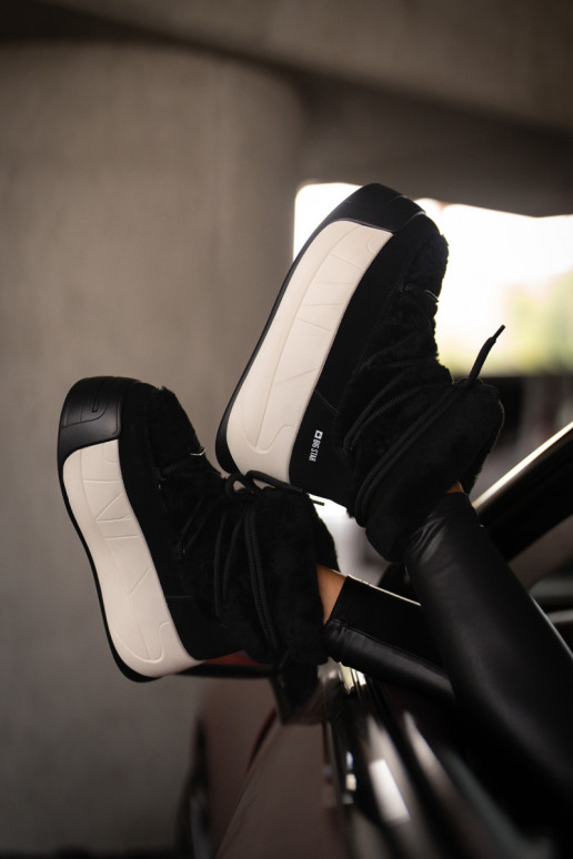 Kožené Snehule Dámske Zapnuté hrubej podrážke s kožušinou Big Star OO274A206 čierna Kožené Snehule Dámske Zapnuté hrubej podrážke s kožušinou Big Star OO274A206 čierna