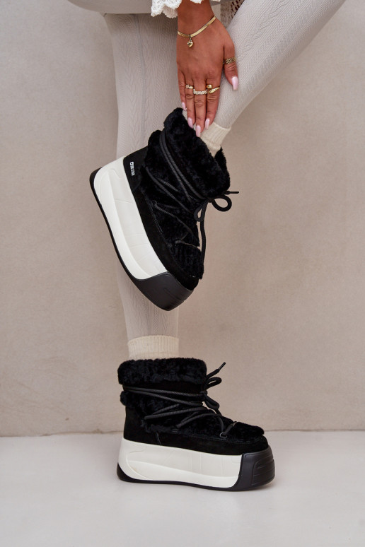 Kožené Snehule Dámske Zapnuté hrubej podrážke s kožušinou Big Star OO274A206 čierna Kožené Snehule Dámske Zapnuté hrubej podrážke s kožušinou Big Star OO274A206 čierna