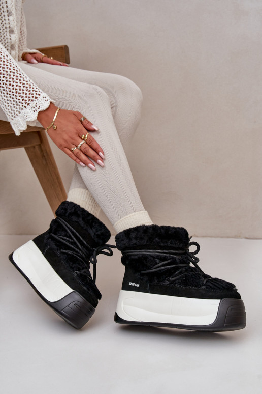 Kožené Snehule Dámske Zapnuté hrubej podrážke s kožušinou Big Star OO274A206 čierna Kožené Snehule Dámske Zapnuté hrubej podrážke s kožušinou Big Star OO274A206 čierna