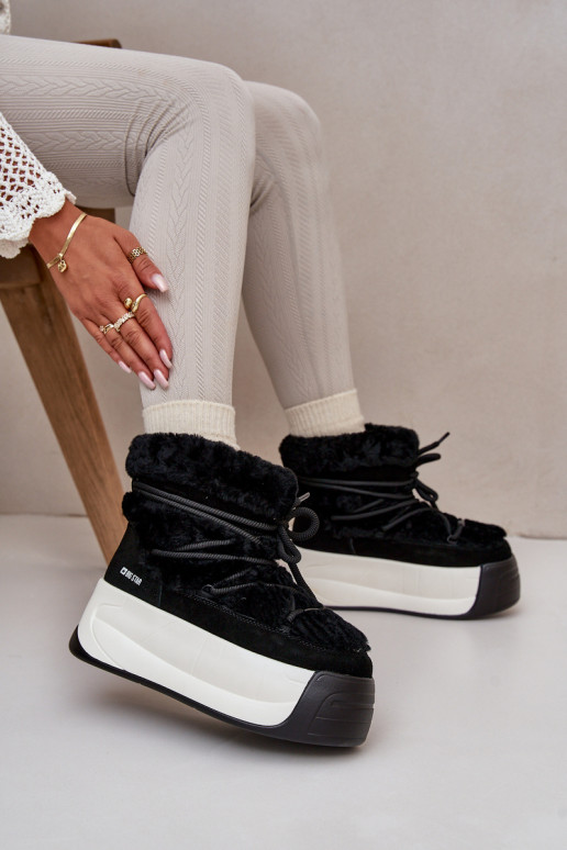 Kožené Snehule Dámske Zapnuté hrubej podrážke s kožušinou Big Star OO274A206 čierna Kožené Snehule Dámske Zapnuté hrubej podrážke s kožušinou Big Star OO274A206 čierna