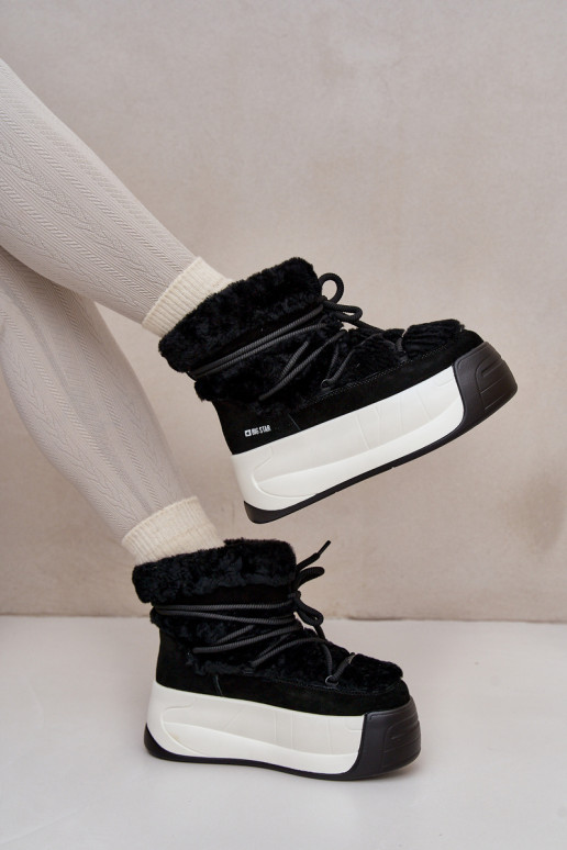 Kožené Snehule Dámske Zapnuté hrubej podrážke s kožušinou Big Star OO274A206 čierna Kožené Snehule Dámske Zapnuté hrubej podrážke s kožušinou Big Star OO274A206 čierna