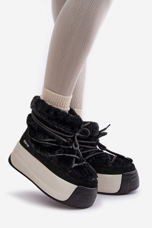 Kožené Snehule Dámske Zapnuté hrubej podrážke s kožušinou Big Star OO274A206 čierna Kožené Snehule Dámske Zapnuté hrubej podrážke s kožušinou Big Star OO274A206 čierna