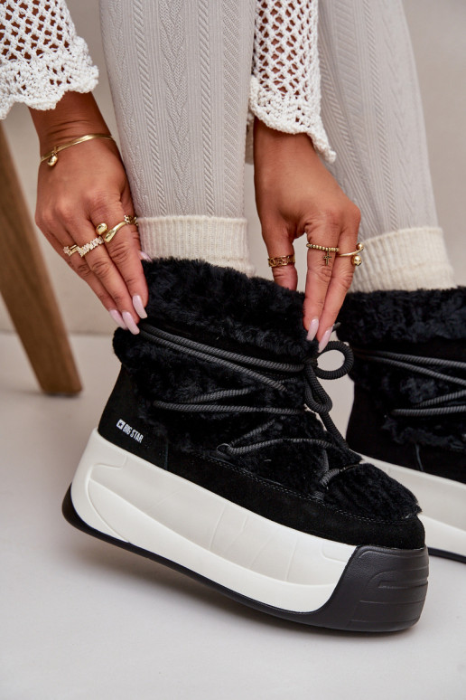 Kožené Snehule Dámske Zapnuté hrubej podrážke s kožušinou Big Star OO274A206 čierna Kožené Snehule Dámske Zapnuté hrubej podrážke s kožušinou Big Star OO274A206 čierna