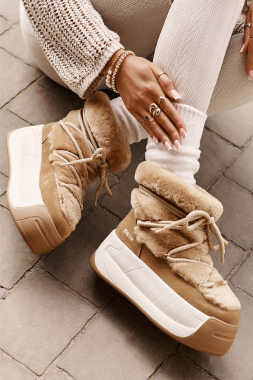 Kožené Snehule Dámske Zapnuté hrubej podrážke s kožušinou Big Star OO274A207 Hnedá farba 2