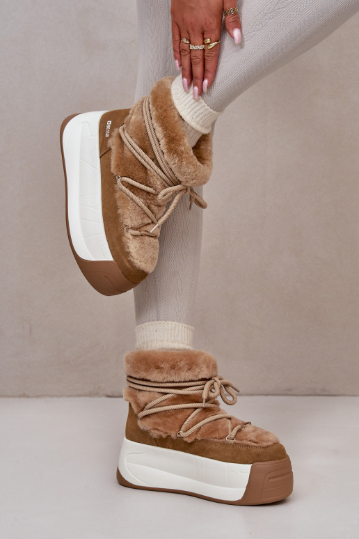 Kožené Snehule Dámske Zapnuté hrubej podrážke s kožušinou Big Star OO274A207 Hnedá farba Kožené Snehule Dámske Zapnuté hrubej podrážke s kožušinou Big Star OO274A207 Hnedá farba