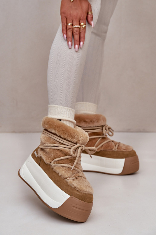 Kožené Snehule Dámske Zapnuté hrubej podrážke s kožušinou Big Star OO274A207 Hnedá farba Kožené Snehule Dámske Zapnuté hrubej podrážke s kožušinou Big Star OO274A207 Hnedá farba