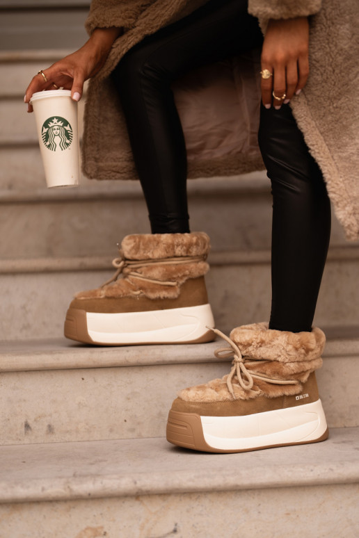 Kožené Snehule Dámske Zapnuté hrubej podrážke s kožušinou Big Star OO274A207 Hnedá farba Kožené Snehule Dámske Zapnuté hrubej podrážke s kožušinou Big Star OO274A207 Hnedá farba