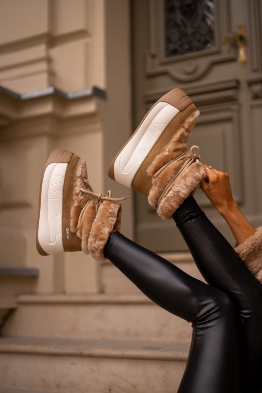 Kožené Snehule Dámske Zapnuté hrubej podrážke s kožušinou Big Star OO274A207 Hnedá farba Kožené Snehule Dámske Zapnuté hrubej podrážke s kožušinou Big Star OO274A207 Hnedá farba