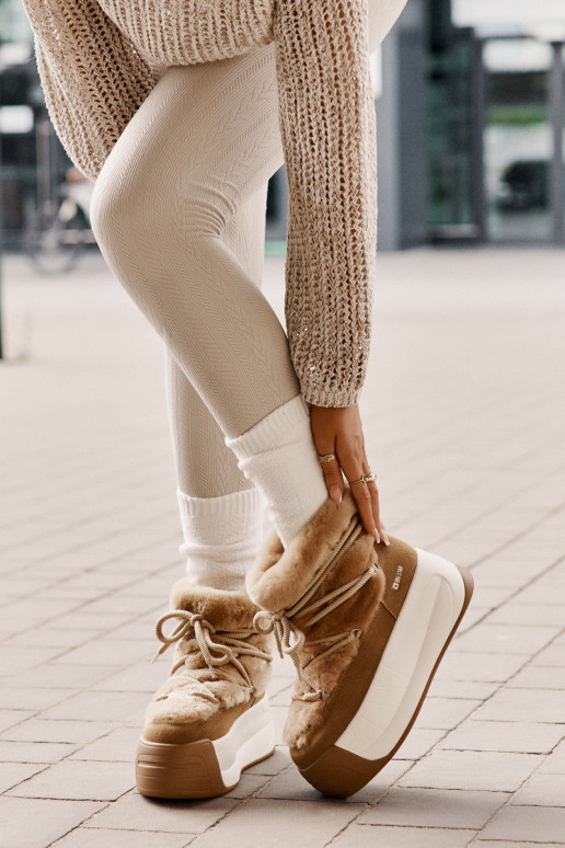 Kožené Snehule Dámske Zapnuté hrubej podrážke s kožušinou Big Star OO274A207 Hnedá farba Kožené Snehule Dámske Zapnuté hrubej podrážke s kožušinou Big Star OO274A207 Hnedá farba