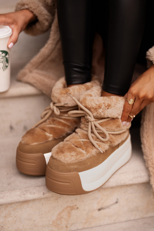 Kožené Snehule Dámske Zapnuté hrubej podrážke s kožušinou Big Star OO274A207 Hnedá farba Kožené Snehule Dámske Zapnuté hrubej podrážke s kožušinou Big Star OO274A207 Hnedá farba