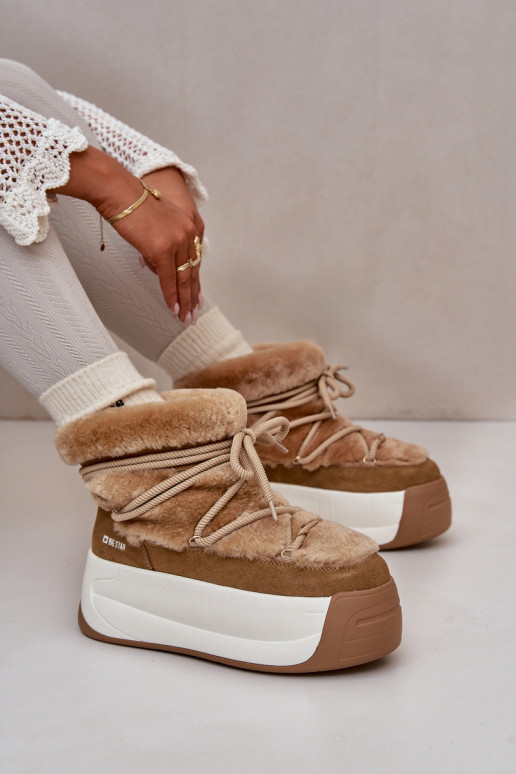 Kožené Snehule Dámske Zapnuté hrubej podrážke s kožušinou Big Star OO274A207 Hnedá farba Kožené Snehule Dámske Zapnuté hrubej podrážke s kožušinou Big Star OO274A207 Hnedá farba