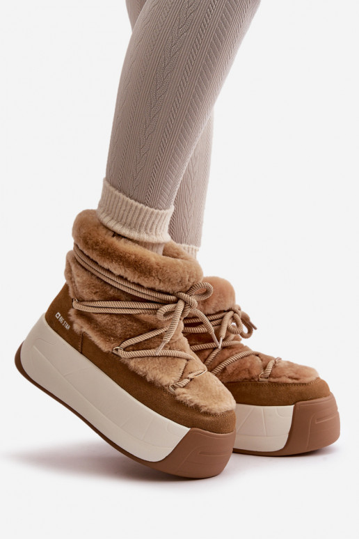 Kožené Snehule Dámske Zapnuté hrubej podrážke s kožušinou Big Star OO274A207 Hnedá farba Kožené Snehule Dámske Zapnuté hrubej podrážke s kožušinou Big Star OO274A207 Hnedá farba