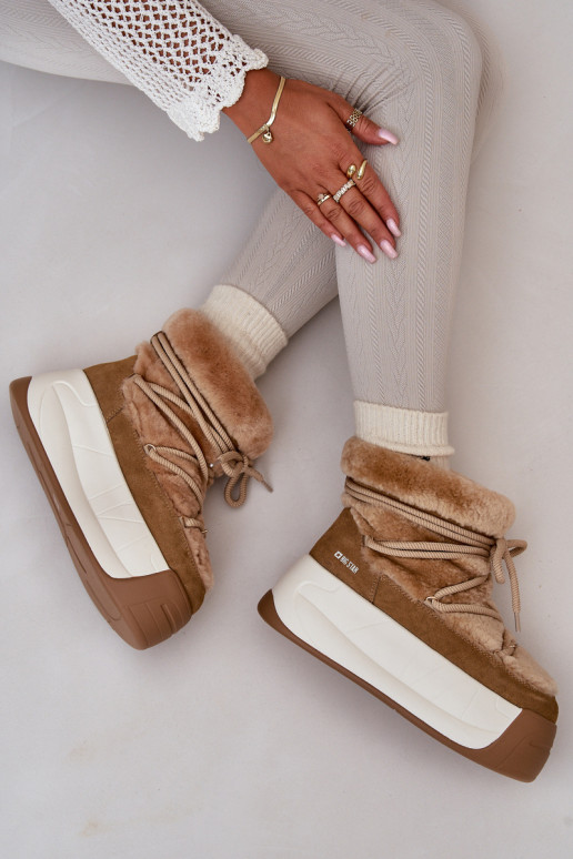 Kožené Snehule Dámske Zapnuté hrubej podrážke s kožušinou Big Star OO274A207 Hnedá farba Kožené Snehule Dámske Zapnuté hrubej podrážke s kožušinou Big Star OO274A207 Hnedá farba