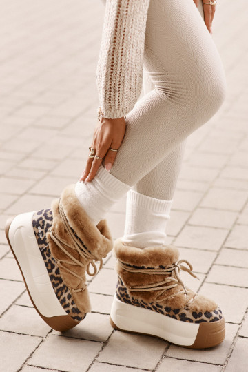 Kožené Snehule Dámske Zapnuté hrubej podrážke s kožušinou so vzormi leopardej kožušiny Big Star OO274A208 Hnedá farba 2