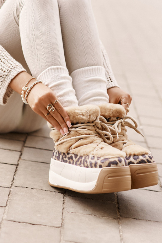 Kožené Snehule Dámske Zapnuté hrubej podrážke s kožušinou so vzormi leopardej kožušiny Big Star OO274A208 Hnedá farba Kožené Snehule Dámske Zapnuté hrubej podrážke s kožušinou so vzormi leopardej kožušiny Big Star OO274A208 Hnedá farba