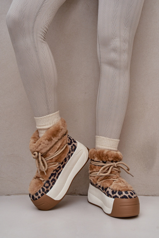 Kožené Snehule Dámske Zapnuté hrubej podrážke s kožušinou so vzormi leopardej kožušiny Big Star OO274A208 Hnedá farba Kožené Snehule Dámske Zapnuté hrubej podrážke s kožušinou so vzormi leopardej kožušiny Big Star OO274A208 Hnedá farba